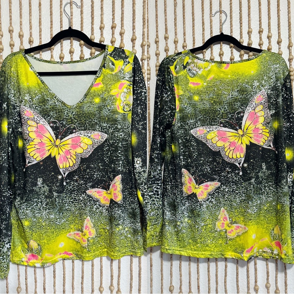 Boho Whimsy Y2K Butterfly Green Pink V Neck Fairy Soft Long Sleeve Blouse XL